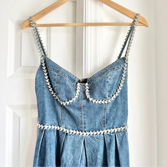 Self Portrait Crystal Diamante Embellished Denim Mini Dress - Picture 5 of 8
